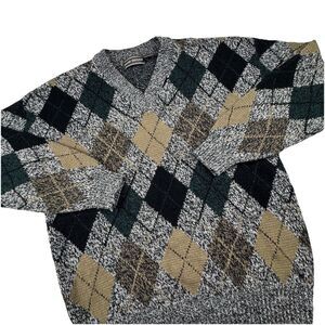 Vintage David Taylor Acrylic Argyle Sweater Men M Grandpa Checkered‎ Plaid Black
